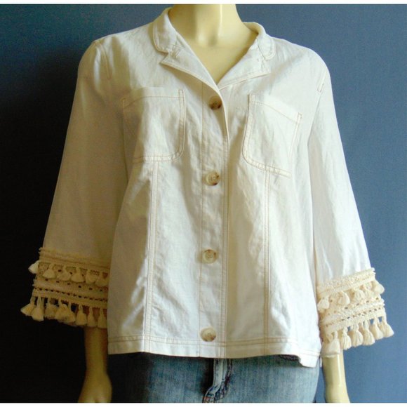 Chico's White Linen Blend Tassel Jacket 2 L - Picture 3 of 8